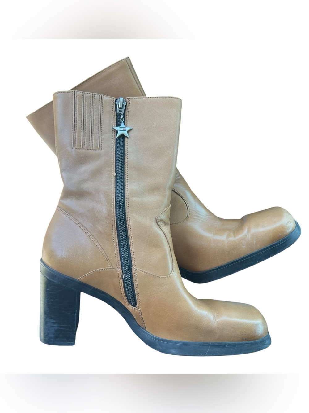 Vintage Y2K Tommy Hilfiger Brown Leather Chunky Heel Square Toe Boots Size 9